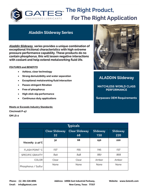 Gates Lubricants Aladdin Slideway Series brochure with product details and specifications.